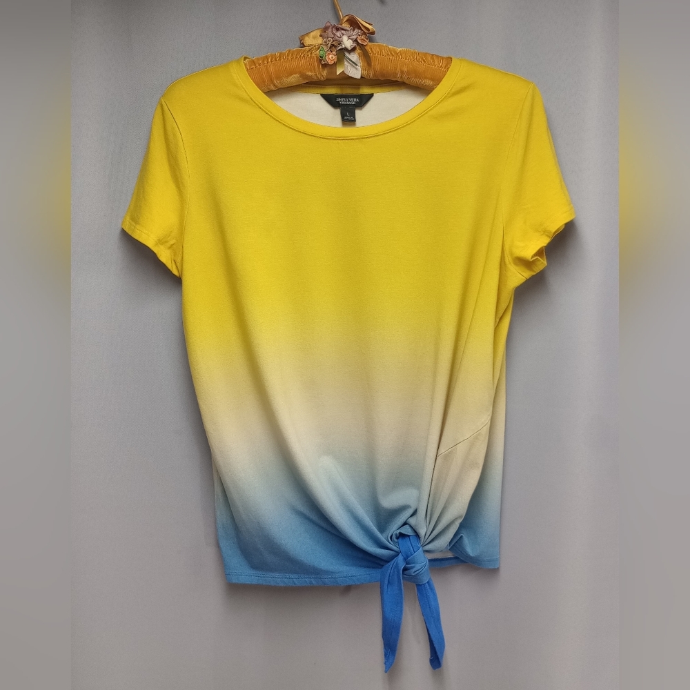 Vera Wang Yellow to Blue Ombre Short Sleeve Tie Front Tee